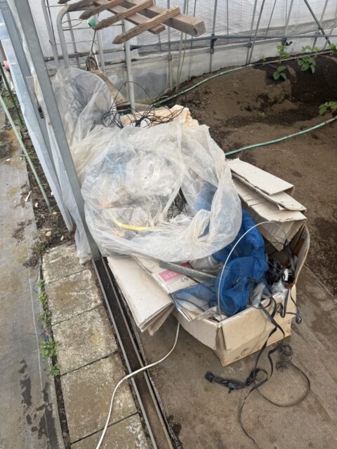 鎌ヶ谷市のビニールハウス内部に集められたダンボールや透明なシート類など